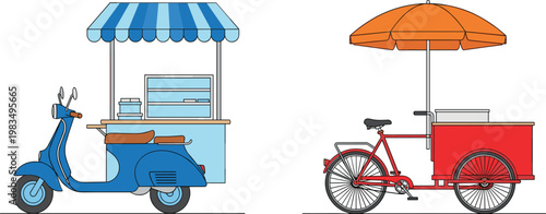 Street Food Carts and Mobile Vendor Vehicles Illustration with Scooter Kiosk and Bicycle Stall for Urban Market, Small Business, and Outdoor Catering Concepts