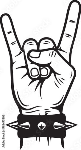 Rock, hand gesture, devil horns, spiked cuff, black and white vector isolated on Transparent Background