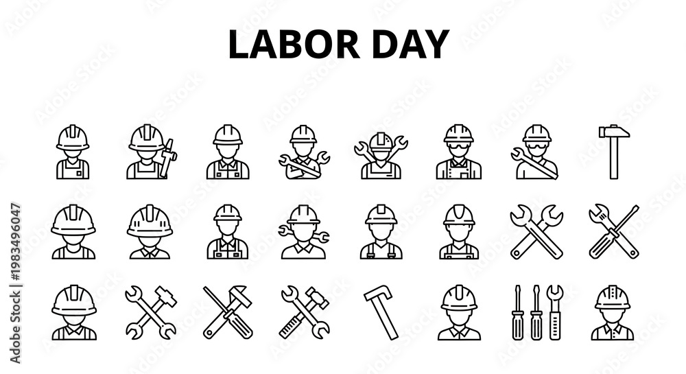 Fototapeta premium Labor day icons set with workers and tools on white background