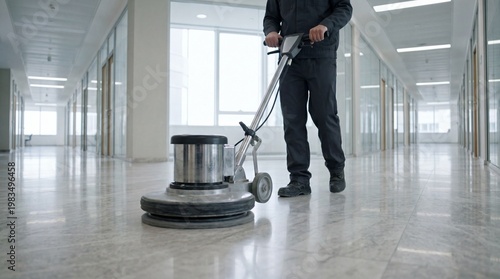 A man in black uniform cleaning a shiny marble floor with a floor polisher in a modern office building