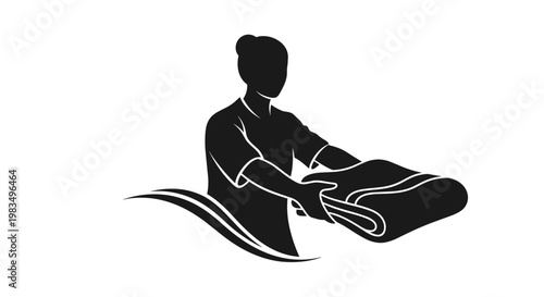 Volunteer handing blanket with arms extended in black silhouette  