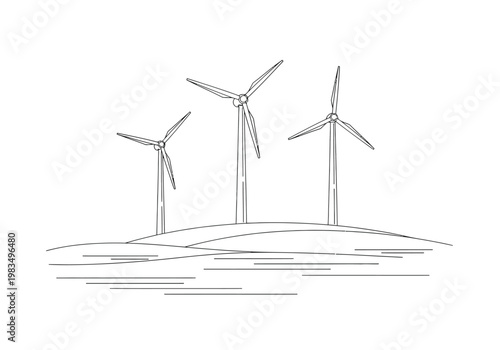 Line art drawing of three wind turbines on a rolling landscape for clean energy