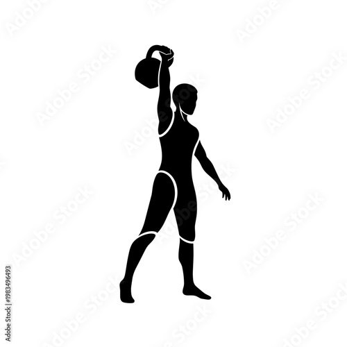 Silhouette of athlete lifting kettlebell in strong pose during workout  