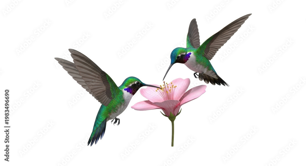 Fototapeta premium Two Hummingbirds Feeding on Pink Flower
