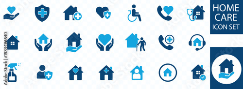 A colorful collection of home care icons depicts various aspects of healthcare support and domestic assistance services high quality professional detailed modern elegant