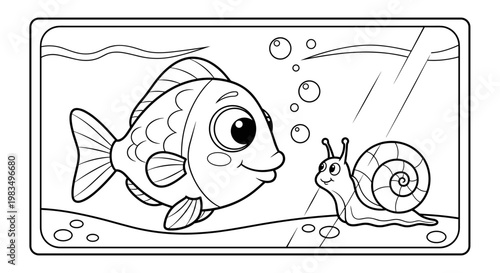 Cartoon fish and snail in aquarium with bubbles and water  