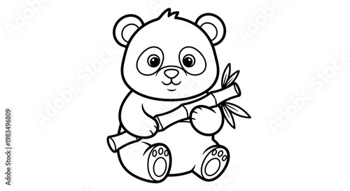 Cartoon panda sitting and holding bamboo in black and white  