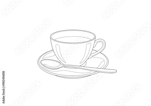 Outline drawing of a teacup or coffee cup with saucer and spoon on white