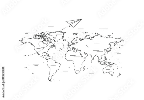 World map outline illustration with paper airplane symbolizing travel and global