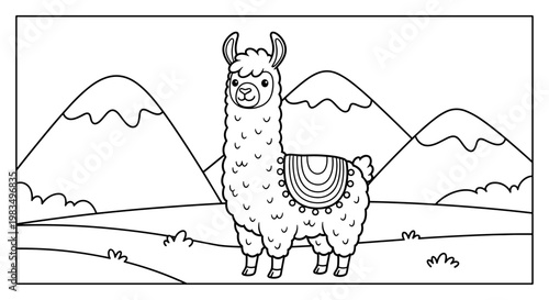 Cartoon llama standing in front of mountains in a lineart style  