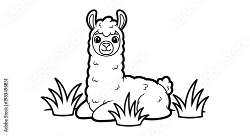 Cartoon llama sitting in grass with a cheerful expression  
