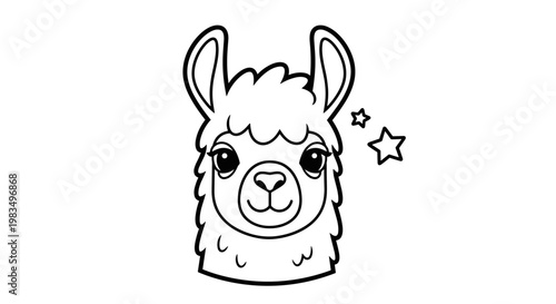 Cartoon llama head with stars in a fun and playful style  