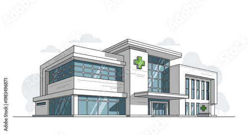 Modern Medical Clinic Building with Green Cross Symbol
