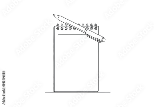 Pen on blank spiral notebook with lines   simple vector outline drawing
