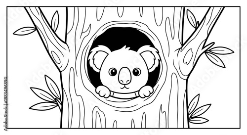 Cartoon koala peeking out from hollow tree trunk  