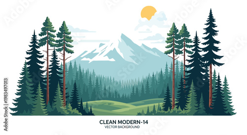 Vibrant Forest Landscape with Snow-Capped Mountains and Rolling Hills