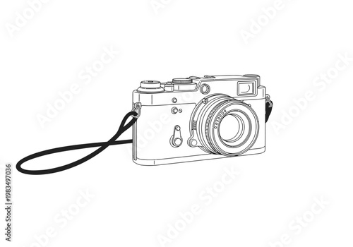 Detailed line art drawing of a retro analog film camera with strap