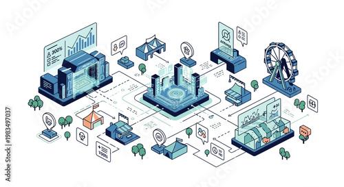 Decentralized Network and Smart City Concept, Isometric Illustration
