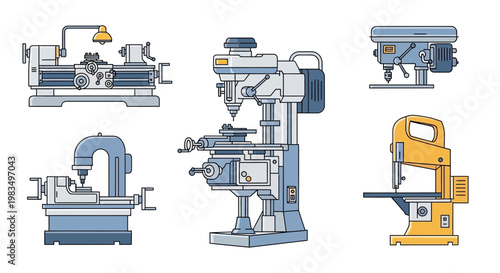 Industrial Machinery Set: Lathe, Milling, Drilling, Band Saw, Grinding Machines