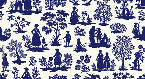 Dark blue silhouettes of people and trees on white