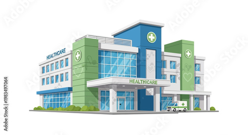 Modern Healthcare Hospital Building with Green and Blue Facade and Ambulance