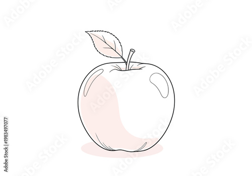 Clean line art drawing of a fresh apple with leaf and subtle pink fill