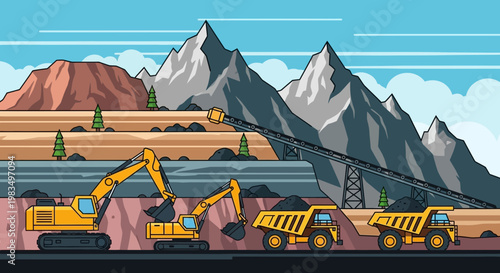 Coal mining operation with excavators, dump trucks, and conveyor belt in a mountainous landscape.