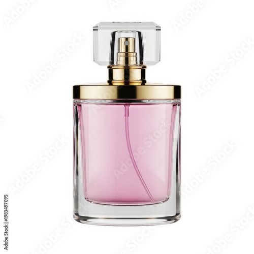 Elegant pink perfume bottle with gold spray nozzle and cap