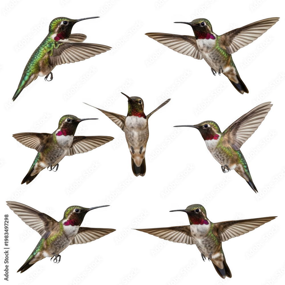 Fototapeta premium A collection of hummingbirds in mid-flight with vibrant plumage patterns