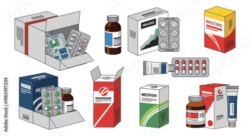 Collection of Pharmaceutical Packaging: Medicine Boxes, Bottles, and Blister Packs