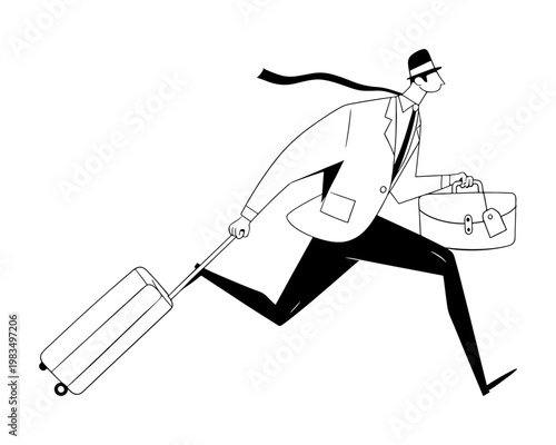 Dynamic illustration of a businessman rushing with rolling luggage and briefcase, conveying urgency and travel on a clean white background isolated