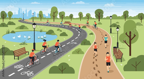 People cycling and running in a park with a lake and city skyline