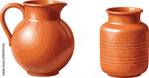 Terracotta Clay Pitcher and Storage Pot Illustration with Traditional Ceramic Vessels for Kitchen Use, Home Decor, and Rustic Interior Design Concepts