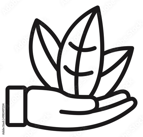 Minimalist black line vector icon of a human hand gently holding three leaves, symbolizing environmental protection, nature conservation, sustainable growth, and ecological care illustration.