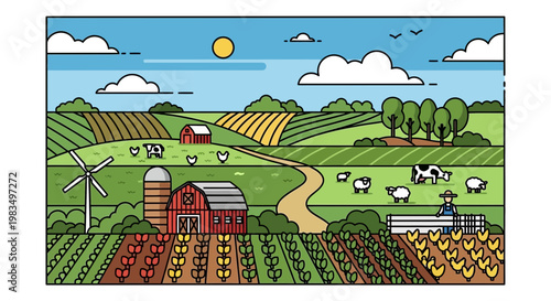 Vibrant Rural Landscape with Farm, Animals, and Wind Turbine - Flat Design Illustration