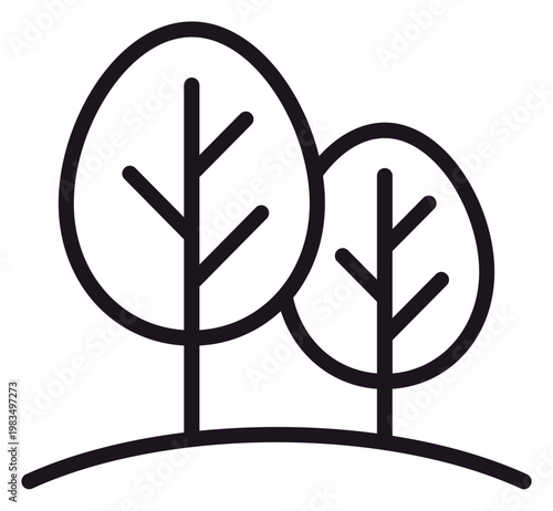 Canvas Print Pair of stylized arboreal silhouettes on a rolling meadow horizon, sleek linear graphics depicting woodland scenery and ecological concepts for contemporary branding projects