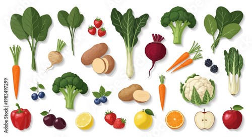 Assortment of Fresh Fruits and Vegetables Isolated on White Background