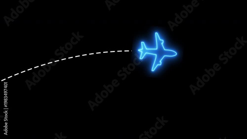 A glowing neon airplane icon follows a dotted flight path across a dark background. The minimal, futuristic design suggests travel, movement, and global connectivity with a sleek digital aesthetic