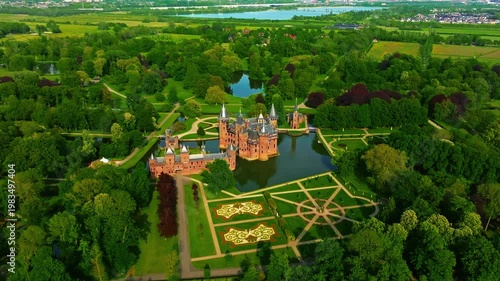 Aerial view of historic Castle de Haar, Utrecht. Historic castle built in The Netherlands