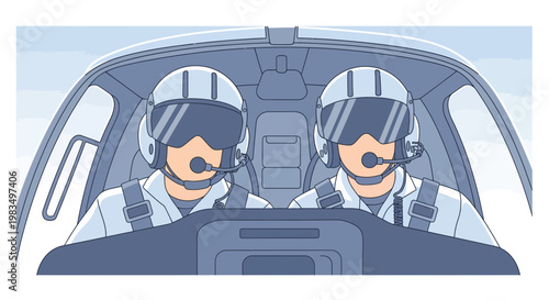 Two Pilots in Helicopter Cockpit, Flying Mission, Aviation Teamwork