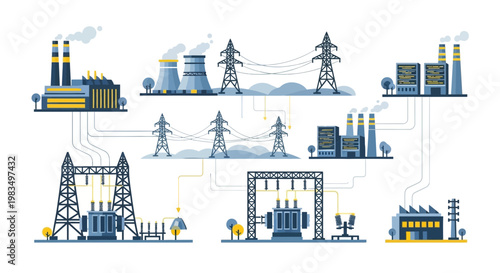 Modern Power Grid Network: Energy Plants, Substations, and Transmission Lines