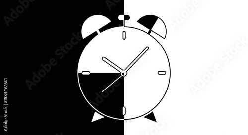 A black and white illustration of an alarm clock on a contrasting background.