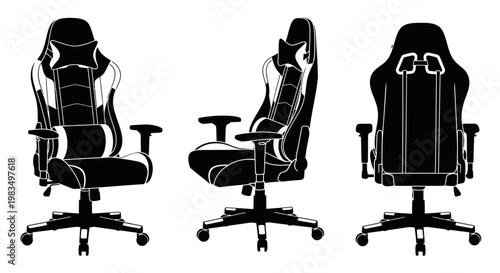Black office chair in three views.