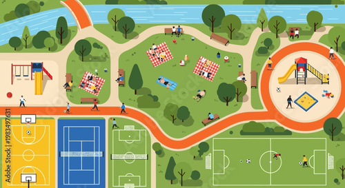 Vibrant Park Scene with People Enjoying Recreation and Leisure Activities