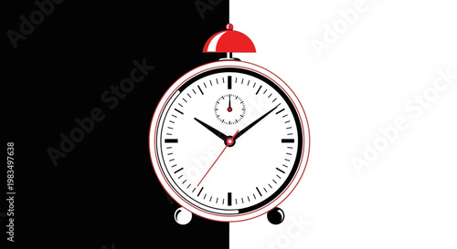 A red and white analog alarm clock.