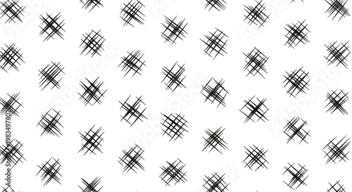 A white background with a repeating pattern of dense, overlapping black lines forming small, abstract clusters