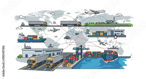 Global Logistics Network: Shipping, Air Cargo, Trucks, Warehousing, and World Map