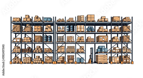 Warehouse shelves filled with cardboard boxes, logistics and storage concept