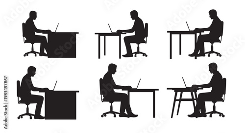 Office Working People Silhouette Set suitable for office environments, remote work visuals, corporate content, and productivity themes