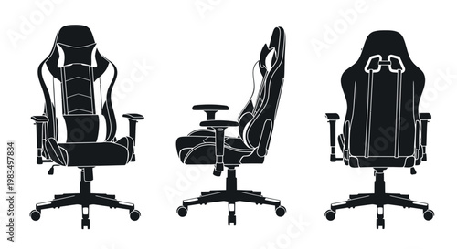 Three views of a modern office chair.